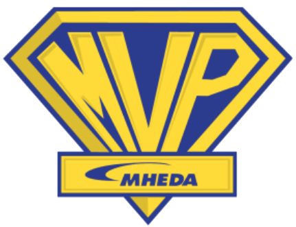Navy blue diamond shape with yellow border and large yellow letters reading M V P. Smaller rectangle with the abbreviation M H E D A for the Material Handling Equipment Distributor Association.