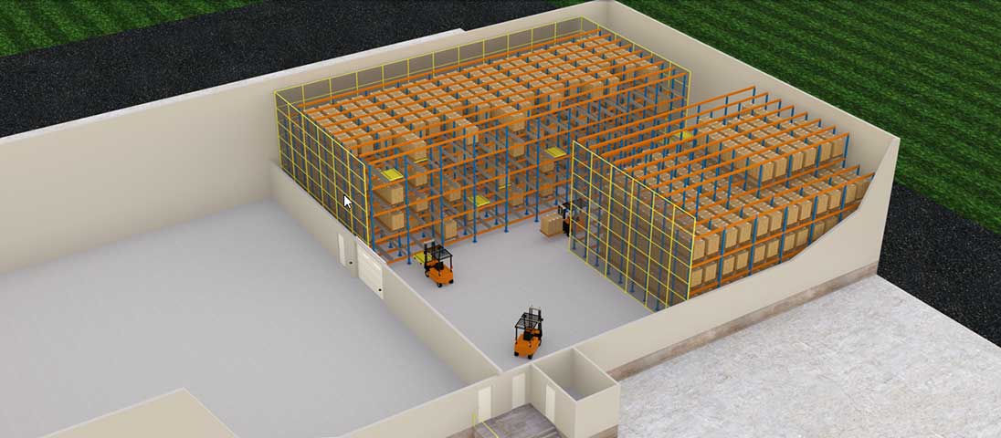 rending of high density, cold storage, automated pallet shuttle system